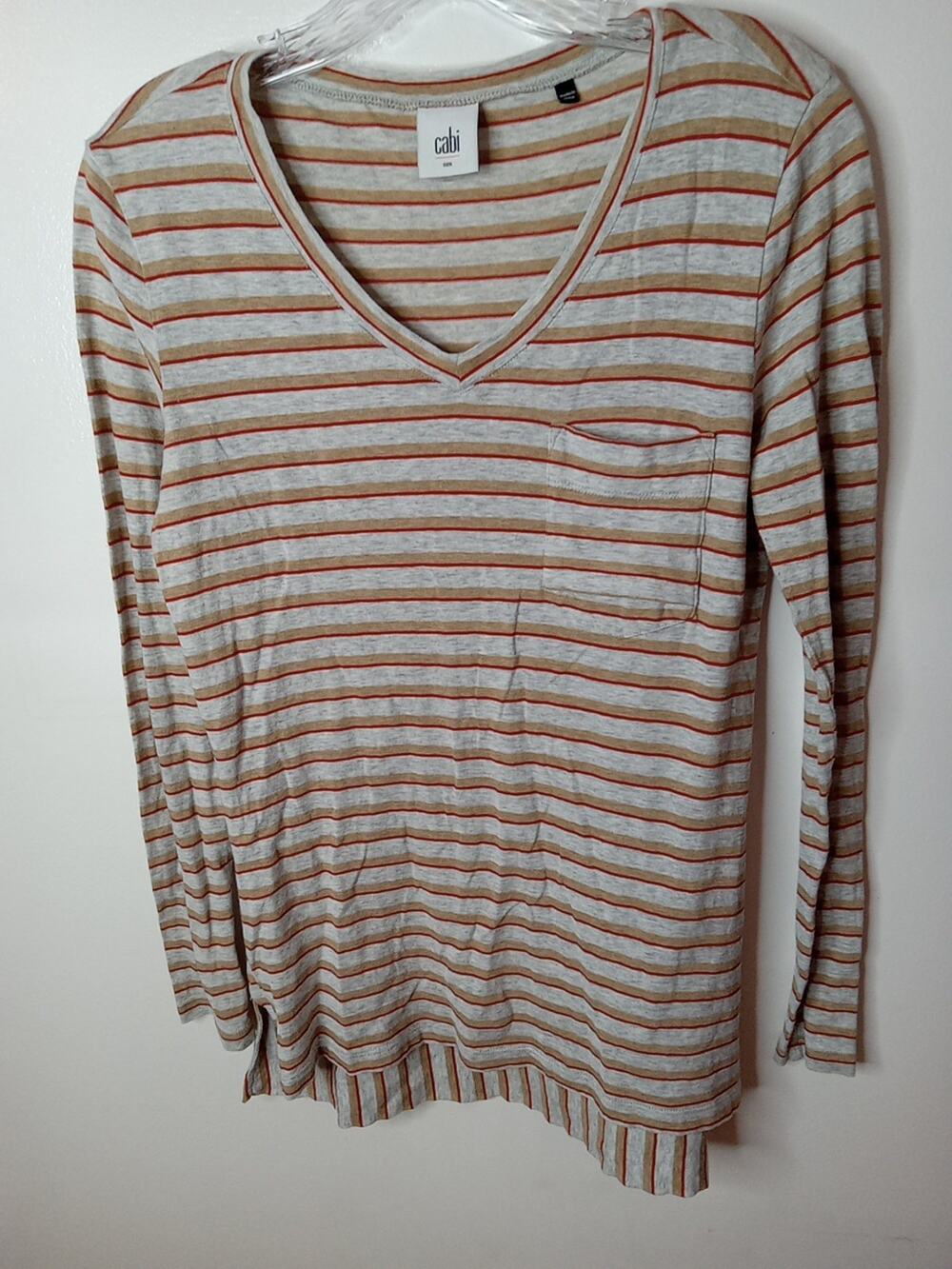 Cabi Skipper Gray Red Tan Stripe Long Sleeve Tee Tunic Top Small